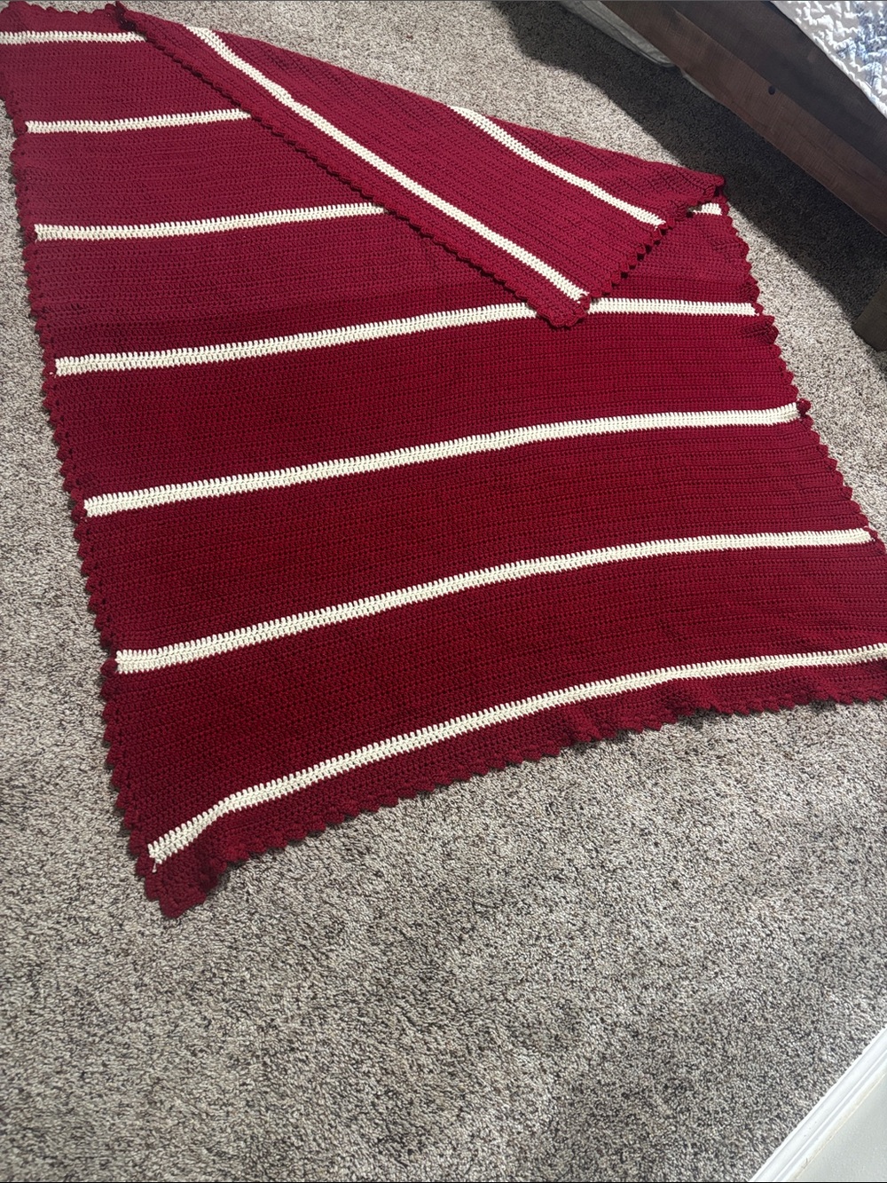 Handmade Burgundy and Cream Striped Knit Throw Blanket 67” x 47”